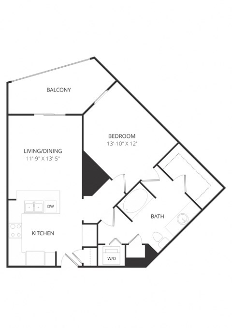 Floor plan for 1 bed, 1 bath, 764 sqft